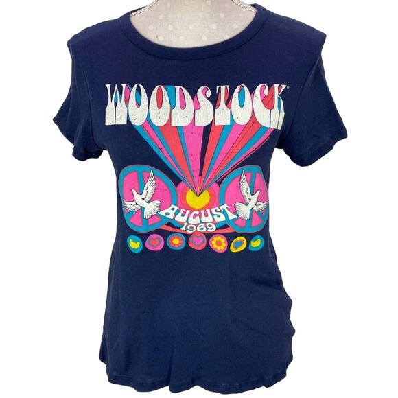 CHASER Woodstock Navy Blue Tee Sz S Retro 60s Short Sleeve Cotton Knit - Picture 1 of 7